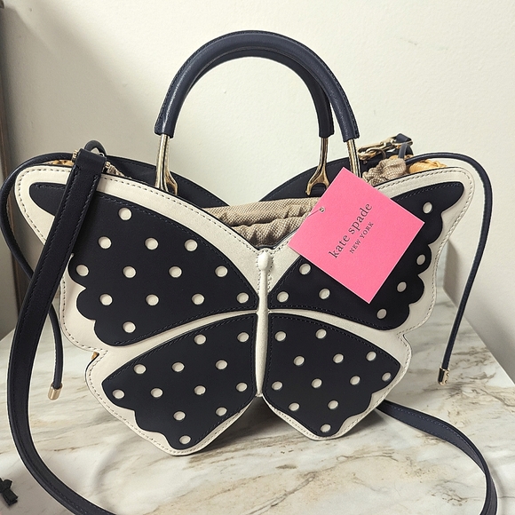 ♠️ Kate Spade Blue & White Wing it Polka Dot Wicker Butterfly Bag - Picture 1 of 12